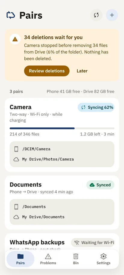 Wasl’s Pairs screen: “34 deletions wait for you”, Camera syncing at 62%, and Documents synced