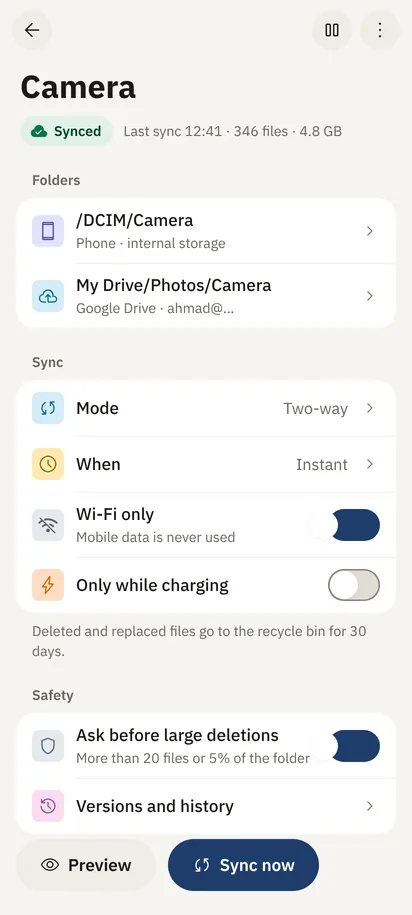 Camera’s pair detail: two-way, instant, Wi‑Fi only on, and approval required for large deletions