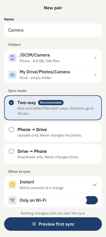 A new pair called Camera: /DCIM/Camera on the phone, My Drive/Photos/Camera on Drive, set to two-way